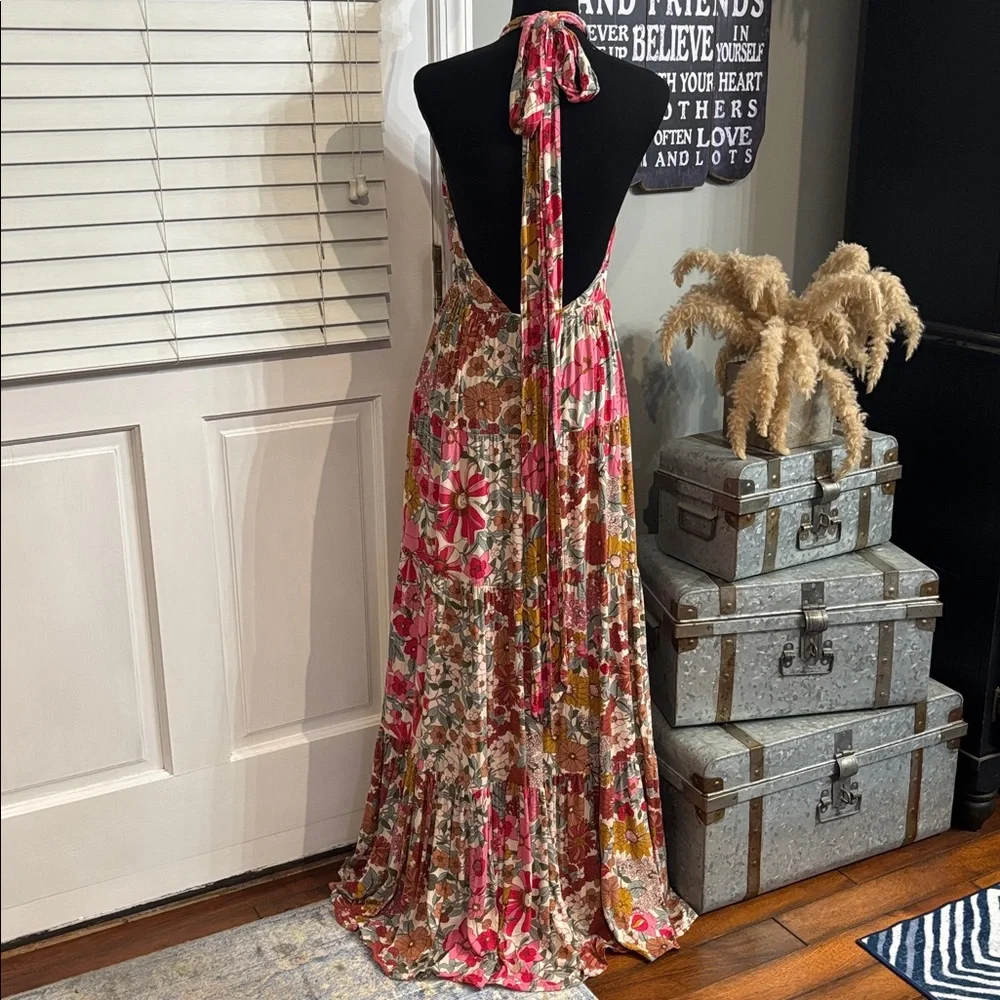 Aakaa Floral Open Back Halter Maxi Dress Pink Boho Wedding Guest Size M - Picture 6 of 12